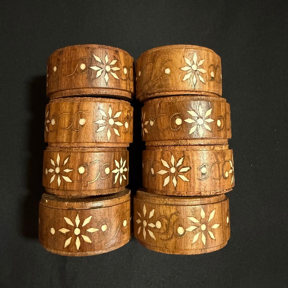Vintage Wooden Napkin Rings Hand Carved‎ Set of 8 Anglo-Indian Inlay 1970s Boho